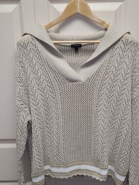 Talbots Cream Open-Weave v neck pullover Sweater Hem Stripe & scallops XL
